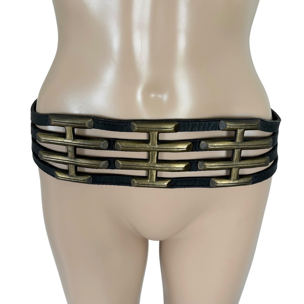 Vintage Leather Wide Cage Belt Brass Hardware Statement Black Boho Western